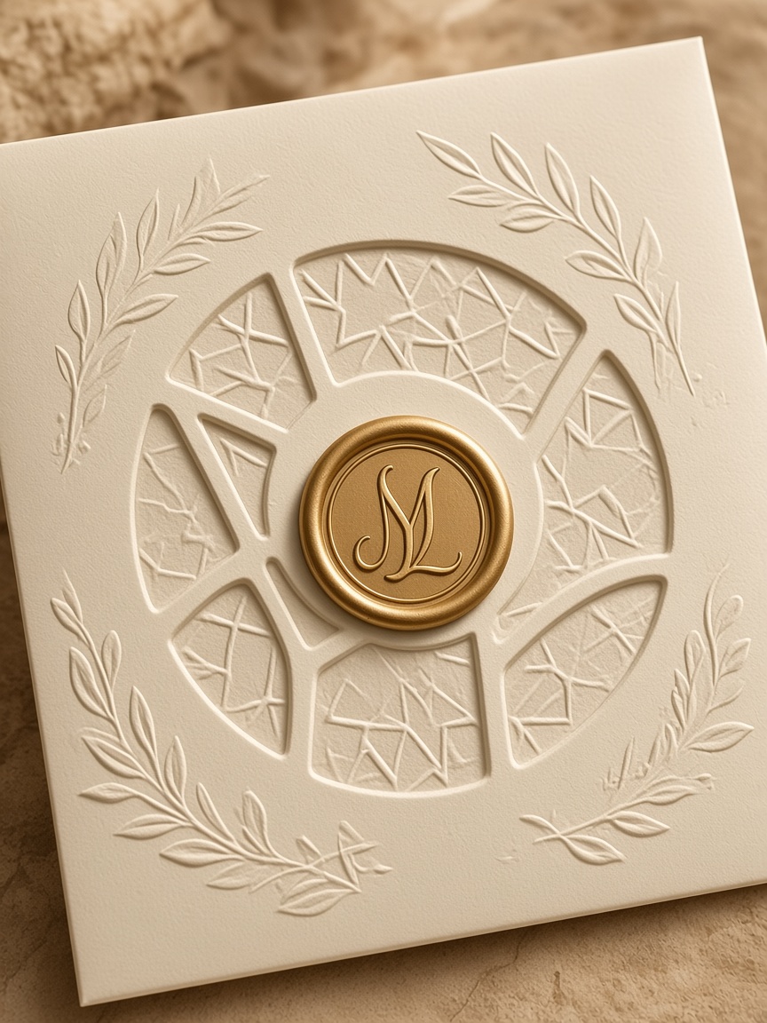 Embossed invitation envelope with M and L seal